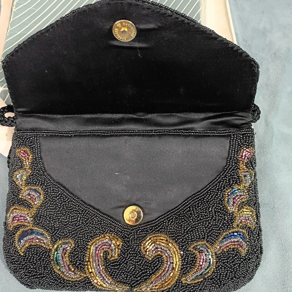 Lillian Vernon Vintage Beaded Evening Bag Black Floral Crossbody Clutch LV6751